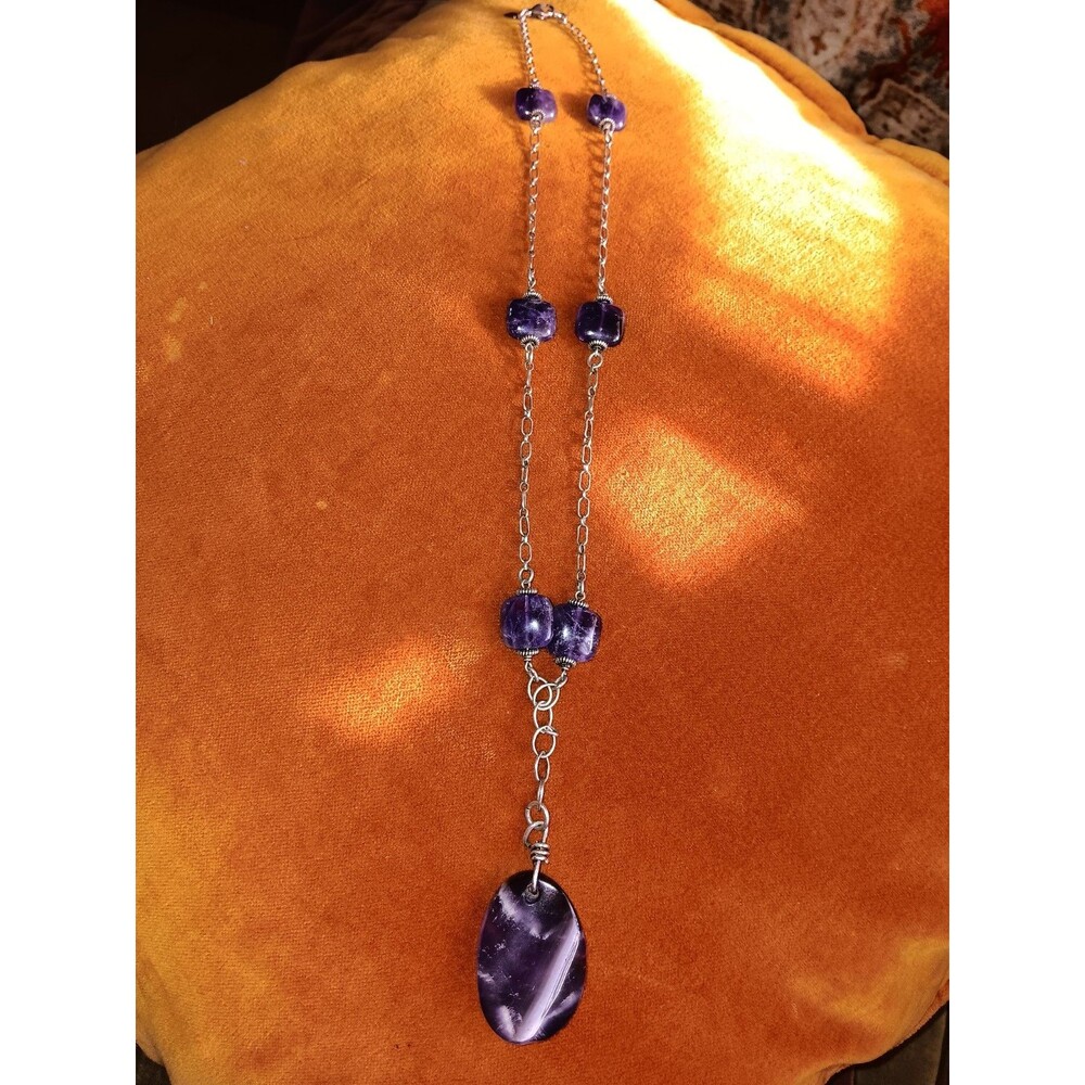 Sterling Silver Chain Lariat Necklace Large Amethyst Pendant Artisan Made